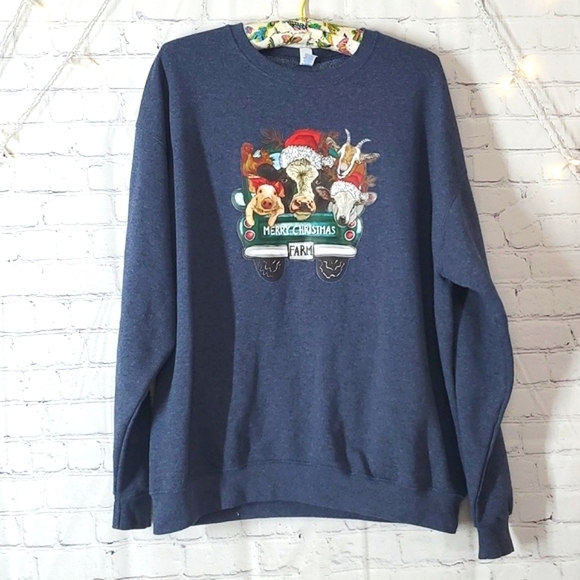 Farm Christmas Cow Goat Pig Sheep Chicken Truck Pullover Crewneck Sweater Sz XL - Picture 7 of 10